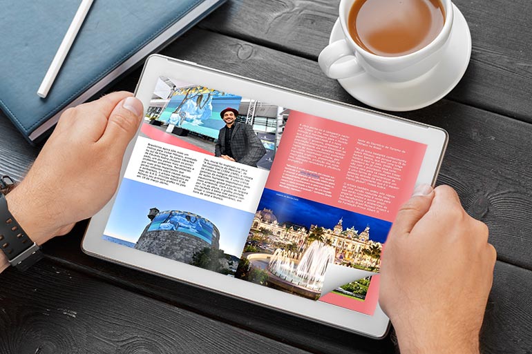 Revista digital PDF com efeito de flip no Tablet